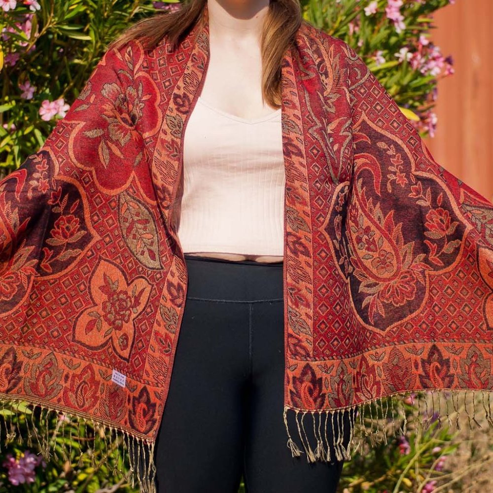 Red Paisley Floral Woven Pashmina